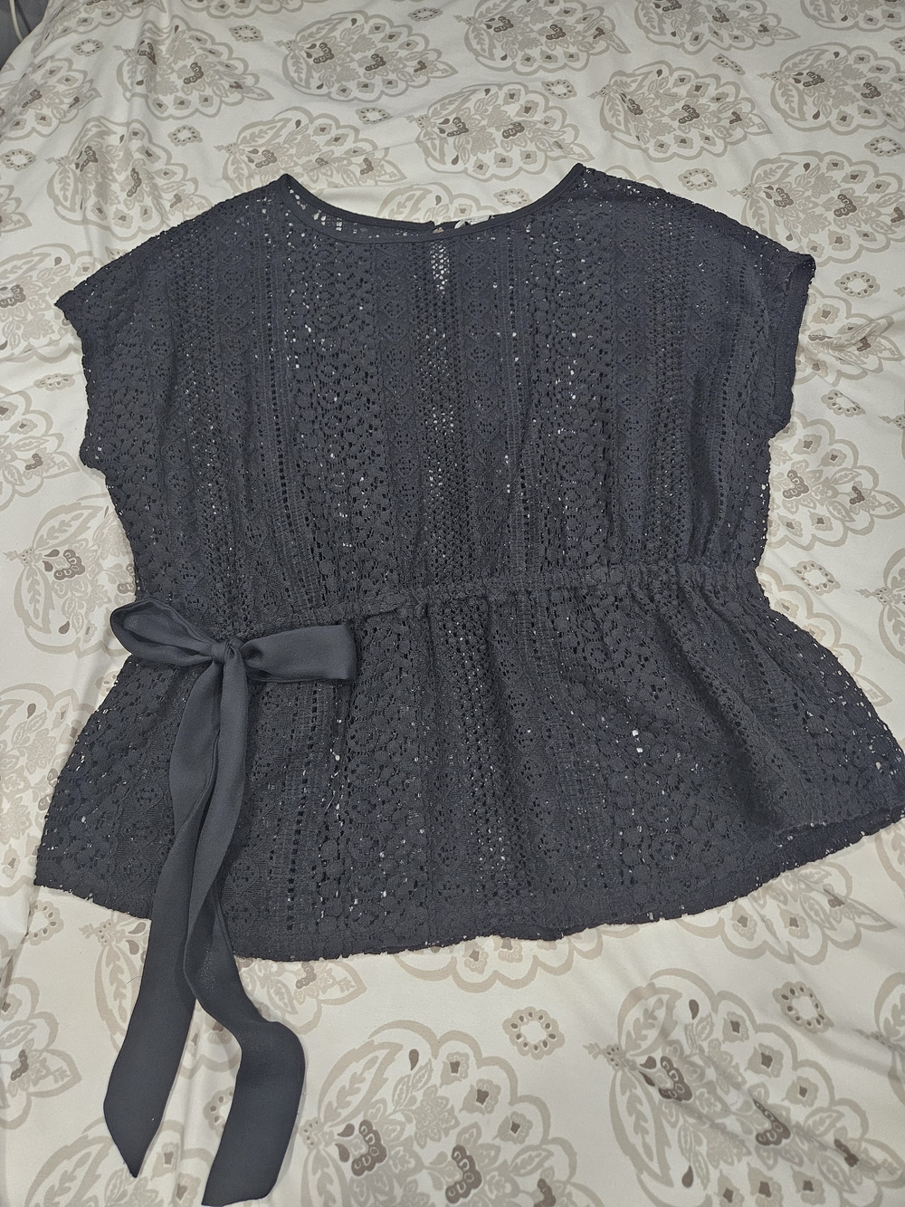 Cato Navy Crochet Tie-Waist Peplum Top
